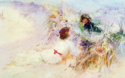 De vrouw en zoon van de kunstenaar op de duinen bij Etretat, Normandië door Charles Sims